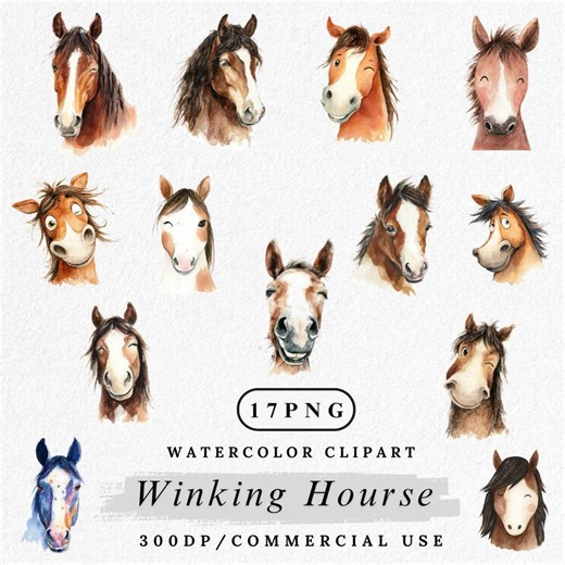 Winking Horse Clipart: 17 Cute Farm Animal PNG Graphics, Cartoon Horse Illustrations for Kids Crafts & Digital Download, Commercial Use - Etsy