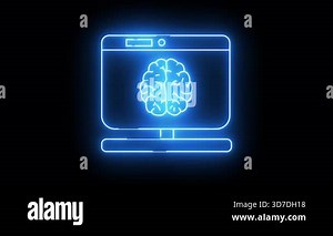 Neon computer monitor displays a brain blue outline against a black background