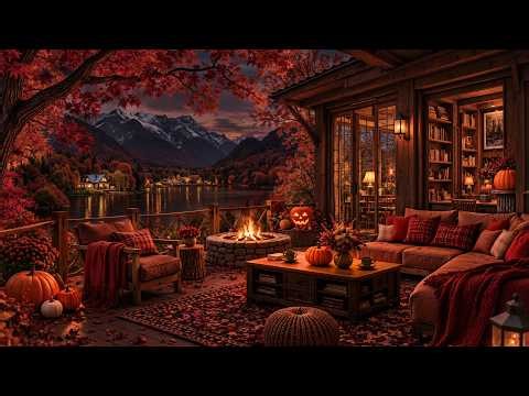 Quiet Fall Evening at a Cozy Lakeside Porch 🎃 | Pumpkin Glow, Fireplace & Smooth Jazz for Sleep