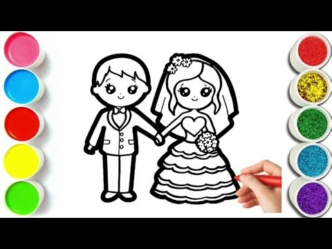 Cute Bride and Groom Drawing, painting & Coloring For kids and toddlers