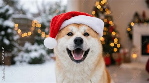 Happy dog in Santa hat celebrating Christmas in a cozy winter setting with festive decorations