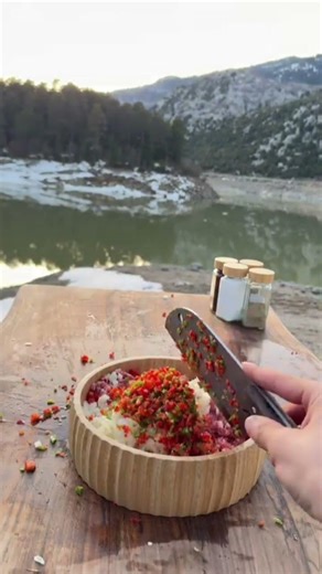 Skewer kebab cooked over open fire in the mountains. #shorts