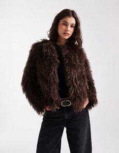 New Look shaggy faux fur cropped jacket in brown | ASOS