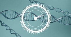 Digital clock ticking over dna structures spinning against blue background. medical research and science technology concept