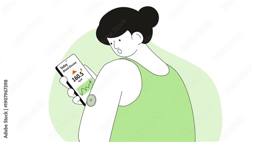 A woman monitors real-time blood glucose using a biosensor and smartphone app, minimalist cartoon flat style
