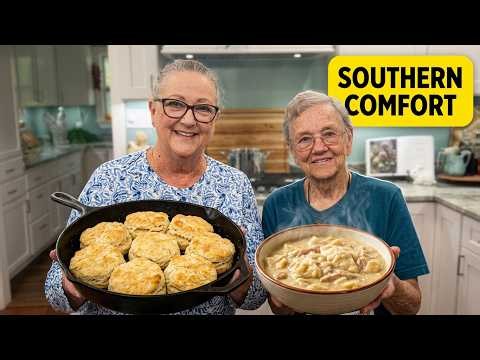 We’re cooking the ultimate Southern comfort food-chicken and dumplings and homemade biscuits.