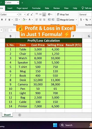 Profit or Loss Calculation in Excel | Simple Formula for Beginners 💰#tipsandtricks