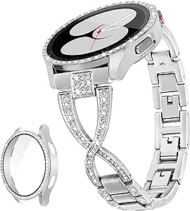 Galaxy Watch 4 Band X-Shape Band for Samsung Galaxy Watch 4 & 5 Band-40mm with Screen Protector Case, 20mm Quick Release Women Bling Diamond Luxury Metal Band & Protective Cover Case (Silver)