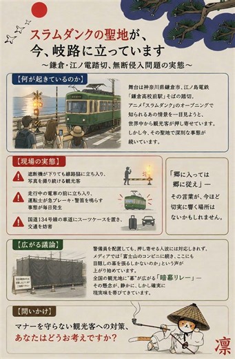 🚃 走る電車の前に立ちはだかる観光客たち — スラムダンクの聖地が消えてしまうのかハッシュタグ#スラムダンク聖地 #鎌倉 #江ノ電 #オーバーツーリズム #観光マナー #鎌倉高校前 #日本の今