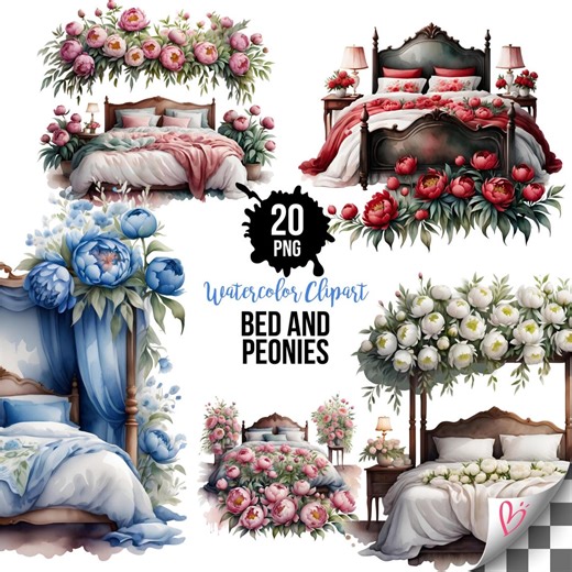 Peony Bed Clipart PNG Bundle, Watercolor Floral Bedroom Clip Art, Romantic Flower Bed PNG, Cottagecore Bedroom Sublimation 20 PNG - Etsy