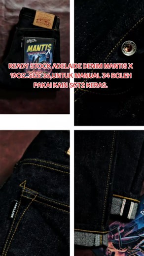 SALAM GENG READY STOCK KITA ADA SELAI ADEALAIDE DENIM MANTIS X 19OZ..BARANG NIE TGOK DEPAN2 COMEL PELEK KAIN..KAIN KERAS. SIZE 36 SLIM STRAIGHT UNTUK MANUAL 34 BOLEH PAKAI SELUAR NIE.. RM460 SIAP POH
