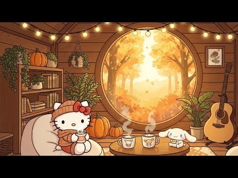 Hello Kitty’s Peaceful Cabin in Autumn 🍂 Calm Lofi/Jazz Beats to Relax, Study & Enjoy the Sunset ☕