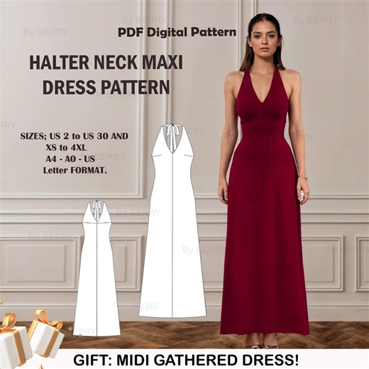 Halter Neck Maxi Dress Sewing Pattern: Open Back Gown (PDF Pattern) - Etsy Australia
