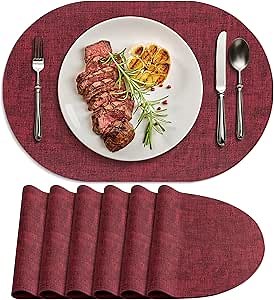 Placemats for Dining Table Set of 6 Non-Slip, Heat Resistant Oval Leather Placemat Double Layer, Waterproof Table Mats Easy to Clean for Kitchen Dining Room Coffee Office Table, Wine Red