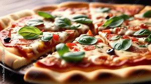 Pizza with mozzarella cheese, tomato sauce and basil leaf, Flavors. Italian pizza closeup rotation