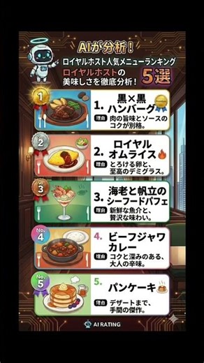ロイヤルホスト人気メニューランキング5選！#ロイヤルホスト #ロイホ #RoyalHost #ファミレス #ランキング #AI分析 #人気メニュー #黒黒ハンバーグ #ロイヤルオムライス