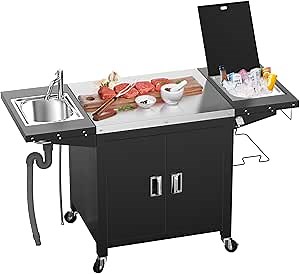 Outdoor Kitchen Cabinet Island with Sink, Ice Bin, 100-Gallon Storage Cabinet, and Lockable Wheels, Stainless Steel Patio Prep Table for BBQ, Outdoor Cooking, and Grilling Barbecue Tool Set