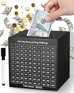 Money Saving Box, Unbreakable Piggy Bank for Adults Save $5,050 Metal Savings Box, 100 Day Money Saving Challenge Stainless Steel Box Must Break to Open 4.72 Inch (Black)
