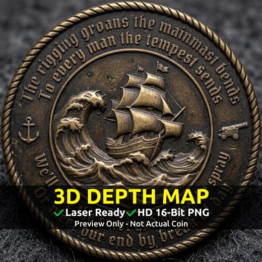 Challenge Coin 3D Depth Map, CNC PNG File, Fiber Laser, Lightburn, Engraving, Embossed, Grayscale, Height Map, Pirate Sea Shanties, Ship - Etsy