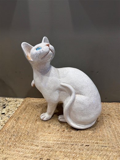 Vintage Italian Cat Statue, Handbuilt Clay Cat Figurine, Made in Italy Ceramic Cat, Blue Eyed Cat Sculpture, White Pottery Cat Decor