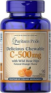 Puritan's Pride Delicious Chewable Vitamin C-500mg with Wild Rose Hips, Orange Flavor Chewables, 90 Count