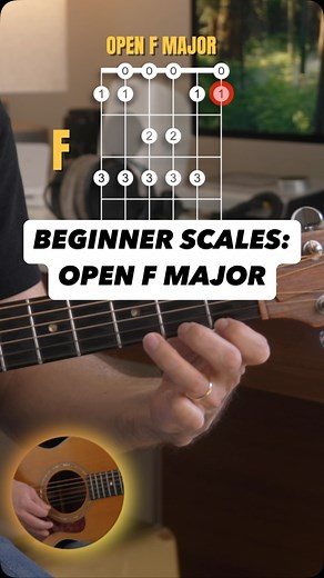 Learning your open form scales helps you get acquainted with the first few frets of the guitar. Give this Open F Major a try, great for beginning guitarists. #learnguitar #guitarlessons #guitarlesson #guitarscales #beginner | Kenson Guitar Academy