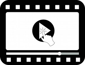 Multimedia video player shape with a hand pressing play button. Filming, broadcasting or video streaming pictogram vector illustration