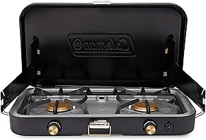 Coleman 1900 Collection 3-in-1 Propane Camping Stove, Cast Iron Grill & Griddle Accessories Included, 24,000 BTUs Across 2 Adjustable Burners with Wind Guards & Matchless Lighting