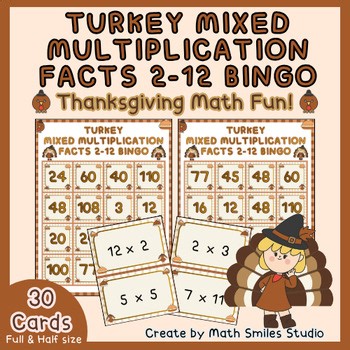 Turkey Mixed Multiplication Facts 2–12 Bingo | Thanksgiving Math Game 3rd Grade