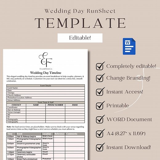 Wedding Runsheet/schedule Template - Etsy