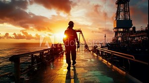 A female oil rig worker walking confidently across a platform, breaking stereotypes, empowering scene, dramatic sunrise behind