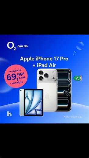 o2 Shop / 𝗩𝗼𝗹𝗸𝗮𝗻 𝗠𝗼𝗯𝗶𝗹𝗳𝘂𝗻𝗸 /Quality Partner Stolberg on Instagram: "🔥 FEBRUAR-AKTION – JETZT IM ONLINE-SHOP 🔥 🍎 Apple Power mit o2 – nur solange der Vorrat reicht! 👉 ANGEBOT : 📱 iPhone 17 Pro + iPad Air 💙 im o2 Mobile M 💶 69,99 € mtl. ➕ nur 1 € einmalig Perfekt für Arbeit, Uni & Entertainment 💻✨ 👉 ANGEBOT: 📱 iPhone 17 + AirPods Pro 3 🎧 💙 im o2 Mobile M 💶 53,99 € mtl. ➕ nur 1 € einmalig Top Deal für Musik- & Apple-Fans 🔥🎶 👉 ANGEBOT: 📱 iPhone 17 + MacBook Air 13" 💻