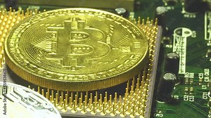 Bitcoin and cpu on motherboard background. new metal cryptocurrency in the fingers. person shows future currency. mining and trading