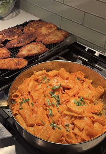 Spicy Vodka Pasta with Crispy Chicken Cutlets: Boyfriend-Free Night