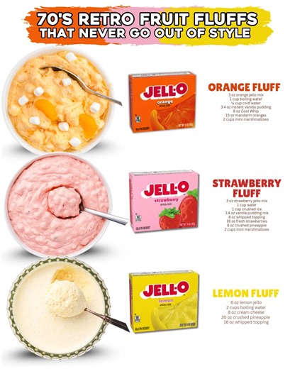BEST FLUFF DESSERTS 3 Ways 🍊 ORANGE FLUFF 3 oz orange jello 1 cup boiling water ½ cup cold 3.4 oz vanilla pudding mix 15 oz mandarin oranges 2 cups mini marshmallows 8 oz Cool Whip 🍓 STRAWBERRY FLUFF 3 oz strawberry jello 1 cup boiling water 1 cup crushed ice 3.4 oz vanilla pudding 2 cups fresh strawberries 8 oz crushed pineapple 2 cups mini marshmallows 8 oz whipped topping 🍋 LEMON FLUFF (2) 3 oz boxes lemon jello 2 cups boiling water 8 oz cream cheese (softened) 1 can crushed pineapple with