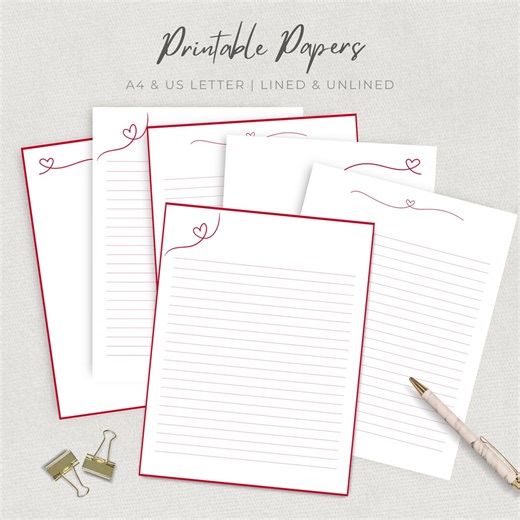 Romantic Letter Writing Paper, Printable Set With Red Hearts, Lined Stationery, Snail Mail, Note Paper, PDF/PNG - Etsy