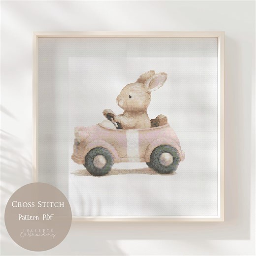 Bunny Car Cross Stitch Pattern, Pink Rubbit Animal DIY Embroidery Design (PDF Download) 303 - Etsy