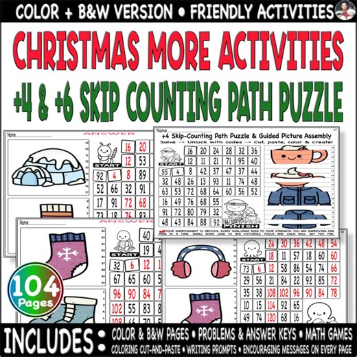 Christmas Skip Counting by 4s 6s & Cut, Past picture coloring Game worksheets Ch