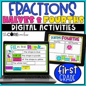 Fractions Halves & Fourths - Digital Math Practice Activities - 1st Grade Math