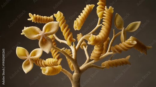 Pasta tree growing and blooming with fusilli and farfalle leaves. Surreal stop motion video of raw dough transforming into plant structure.