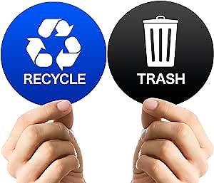 Vinyl Recycle and Trash Sticker, 3in (4 Pack) Self-Adhesive Vinyl Laminated, Waterproof Indoor - Outdoor, Sticker-Black - Blue-Symbol to Organize Trash cans or Garbage containers