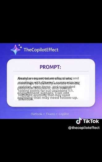 5 Copilot Prompts Every Manager Should Be Using! @Microsoft Copilot @Microsoft #MicrosoftCopilot #ai #copilot #technology #productivity Managing a team means balancing people, priorities, and constant communication. These 5 Copilot prompts help you: • Walk into 1:1s prepared • Understand team dynamics • Deliver better feedback • Keep priorities aligned • Communicate clearly and consistently Less reacting. More leading. ⚠️ Requires Microsoft 365 Copilot license and access to internal organization