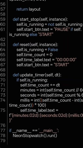 Day 30: Built a Neon Stopwatch using Python & Kivy Clean dark-mode & functional#Python #Coding #Kivy
