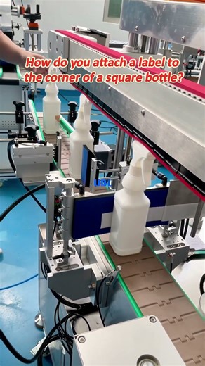 How do you attach a label to the corner of a square bottle?