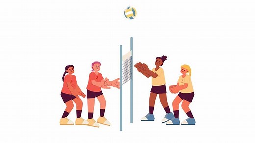 Girls volleyball team cartoon animation. Athlete women playing tournament 4K video motion graphic. Volleyball player spiking ball over net 2D color animated characters isolated on white background