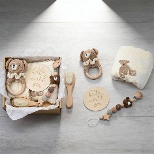 New Baby Gift Set – Crochet Rattle & Newborn Gift Box for Baby Boy or Girl – Baby Shower Present, Unique Arrival Gift