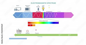Electromagnetic Spectrum. Moving banner or infographic with wave structure, length, frequency and temperature. Physics educational poster. Science and Technology. Flat animated graphics