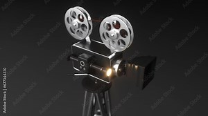 Old cinema projector, 35mm reel film strip moving inside the cinema equipment with flickering light. Isolated vintage movie projector with rotating reels on black background.Cine industry history