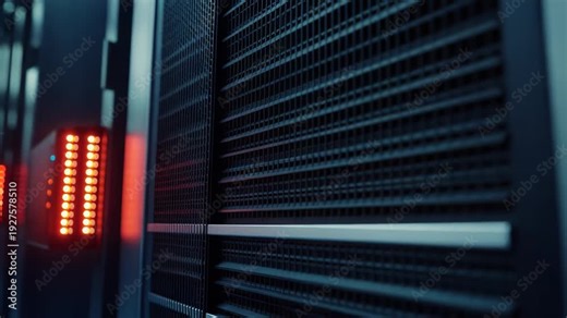 Server rack operating in a data center, with rows of blinking red led lights indicating active data processing and network communication within the hardware infrastructure