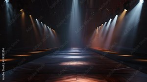 empty stage illuminated by dramatic spotlights from above. The dark, moody ambiance is enhanced by beams of light cutting through the mist